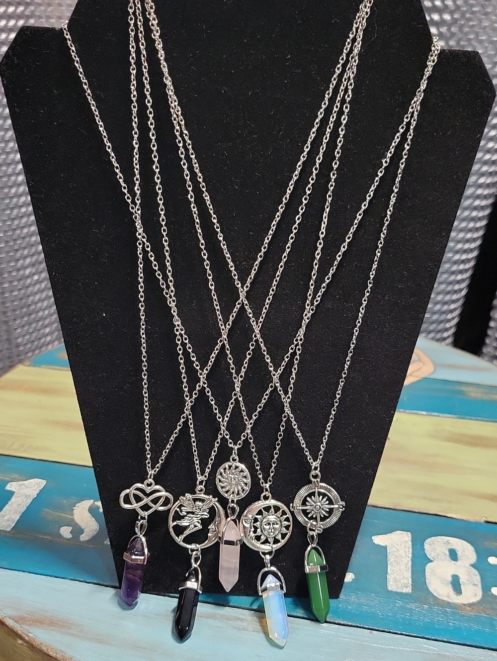 Silver Pendant Necklace with Multi-Color Crystal Point Charm - Women Jewelry